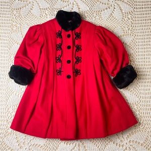 Vintage 1980s Rothschild Girls 4t Red Wool Black Faux Fur Dress Coat